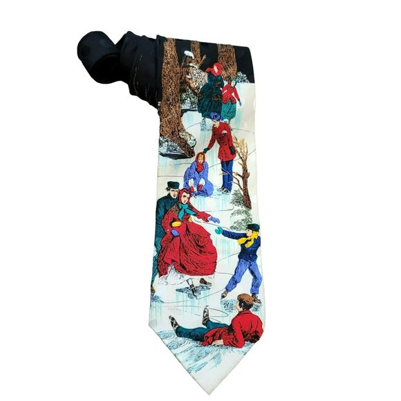 Victorian Ice Skating Christmas Tie 100% Silk Men's JJ1643 - Picture 2 of 6